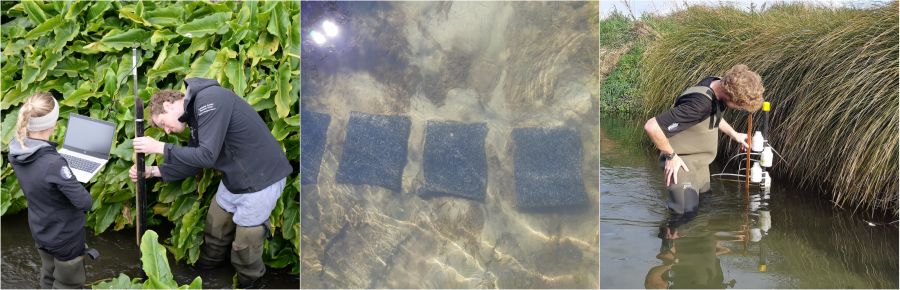 Three images of scienctists measuring the depth of thigh-deep riverways