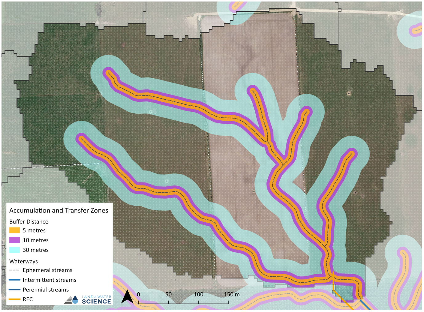 Gridded diagram showing an example of area of buffer around waterway lines