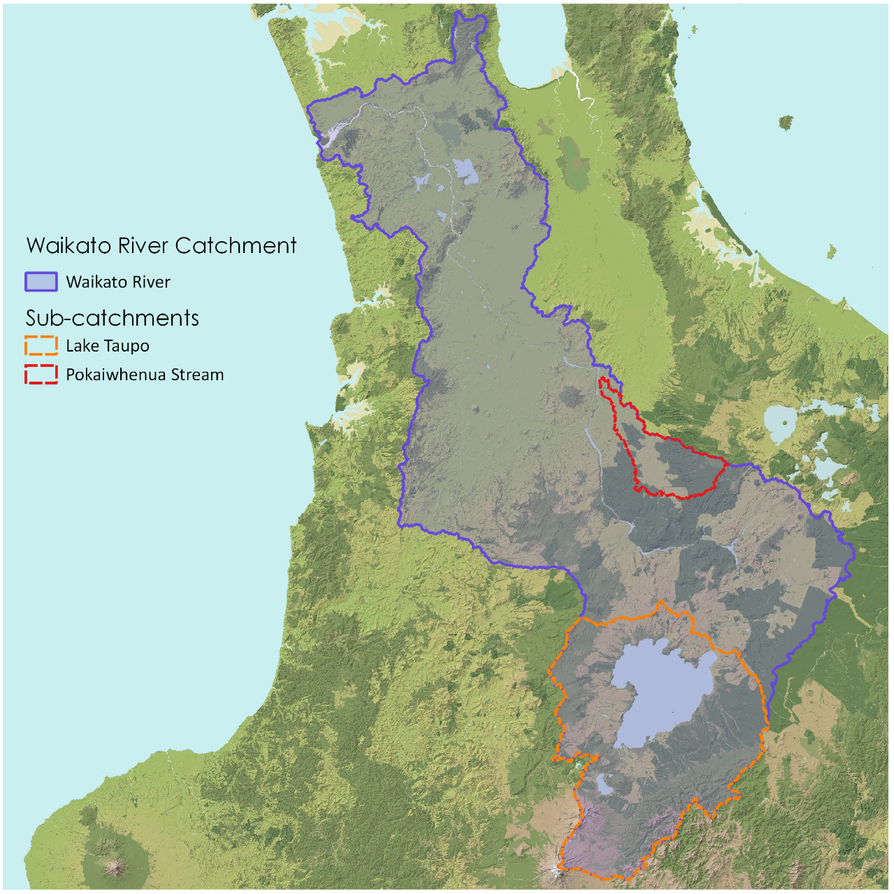 An annotated map of the North Island, NZ, with a polygon showing how much land area contributes to the waikato river.