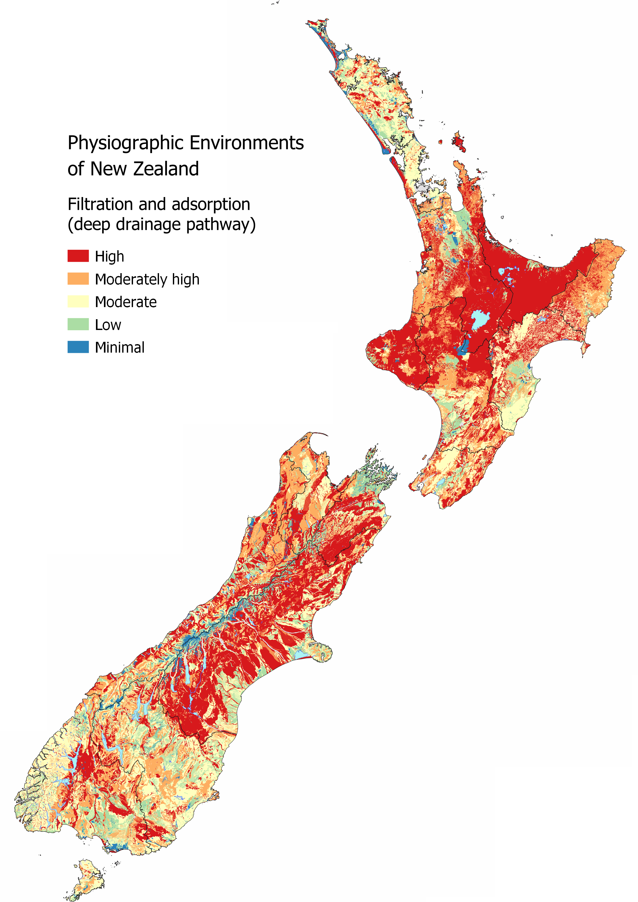 Colour-coded map of New Zealand showing Filtration and Absorbtion from Minimal to High.